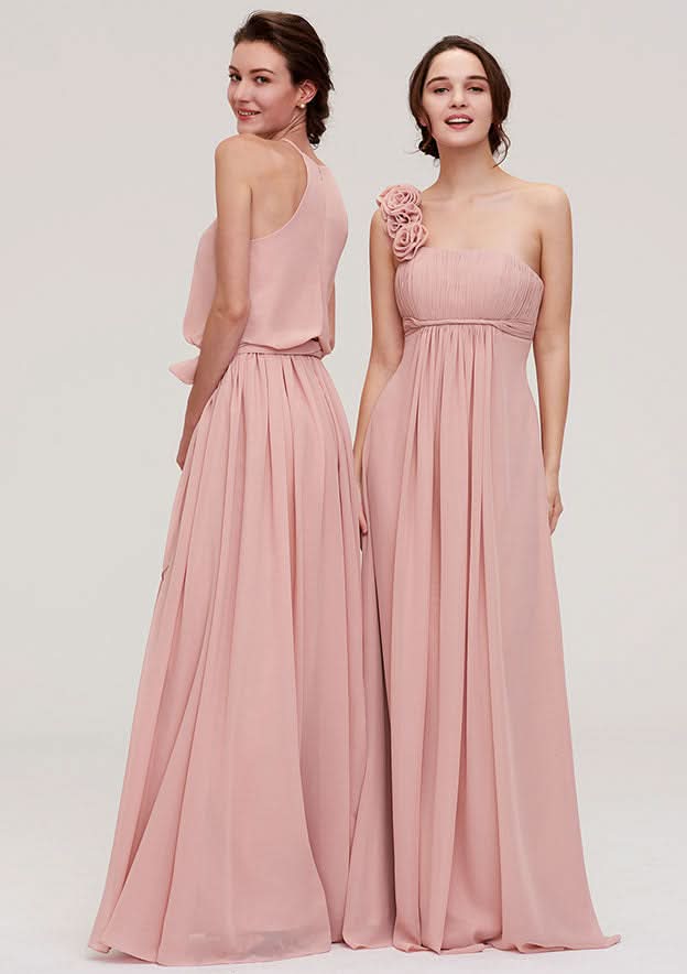 A-Line/Princess One-Shoulder Floor-Length Sleeveless Chiffon Bridesmaid Dress With Pleated Flowers BM bride
