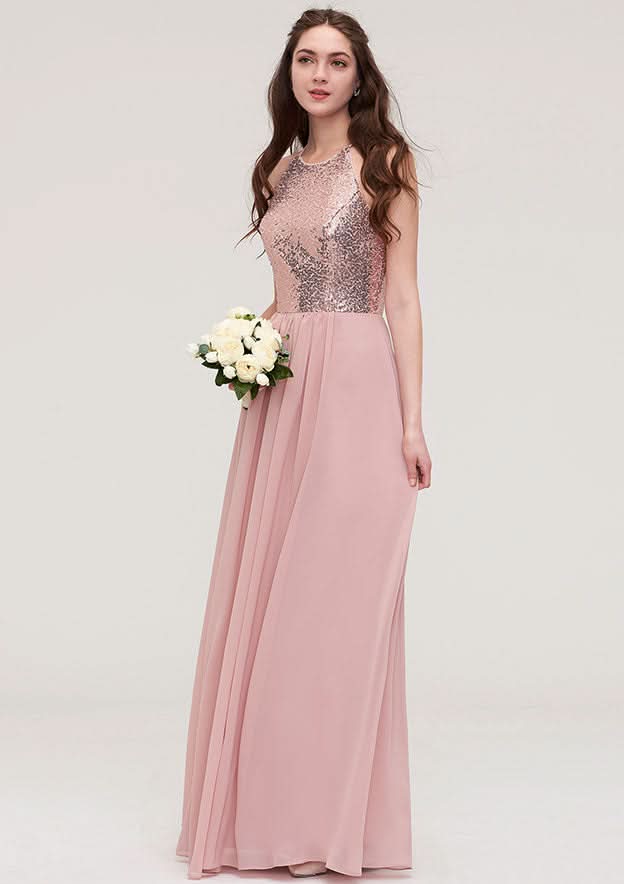 Floor-Length Chiffon Bridesmaid Dress, A-Line/Princess Shape, High-Neck, Sleeveless, With Sashes BM bride