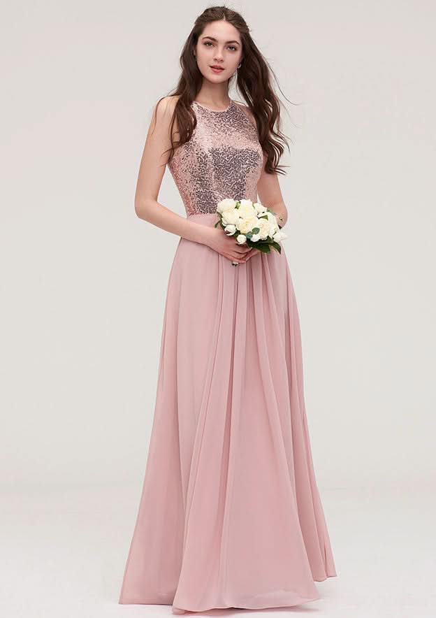 Floor-Length Chiffon Bridesmaid Dress, A-Line/Princess Shape, High-Neck, Sleeveless, With Sashes BM bride