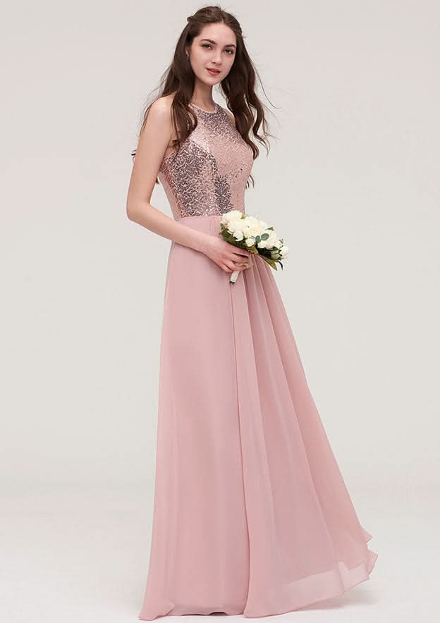 Floor-Length Chiffon Bridesmaid Dress, A-Line/Princess Shape, High-Neck, Sleeveless, With Sashes BM bride