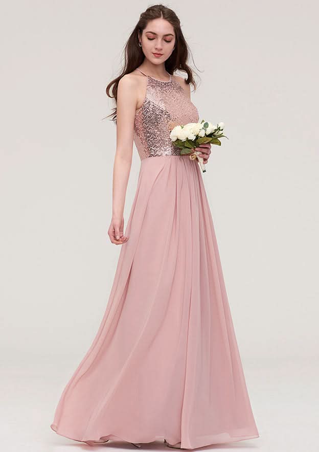 Floor-Length Chiffon Bridesmaid Dress, A-Line/Princess Shape, High-Neck, Sleeveless, With Sashes BM bride