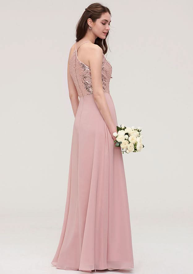 Floor-Length Chiffon Bridesmaid Dress, A-Line/Princess Shape, High-Neck, Sleeveless, With Sashes BM bride