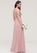 Floor-Length Chiffon Bridesmaid Dress, A-Line/Princess Shape, High-Neck, Sleeveless, With Sashes BM bride