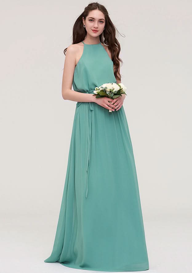 Floor-Length Chiffon Bridesmaid Dress, A-Line/Princess Style, V-Neck, Sleeveless, With Lace And Pleats BM bride