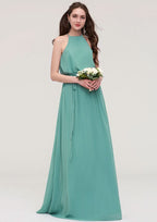 Floor-Length Chiffon Bridesmaid Dress, A-Line/Princess Style, V-Neck, Sleeveless, With Lace And Pleats BM bride