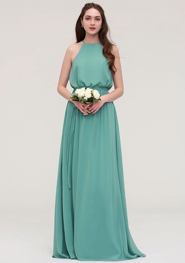 Floor-Length Chiffon Bridesmaid Dress, A-Line/Princess Style, V-Neck, Sleeveless, With Lace And Pleats BM bride