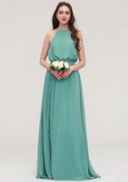 Floor-Length Chiffon Bridesmaid Dress, A-Line/Princess Style, V-Neck, Sleeveless, With Lace And Pleats BM bride