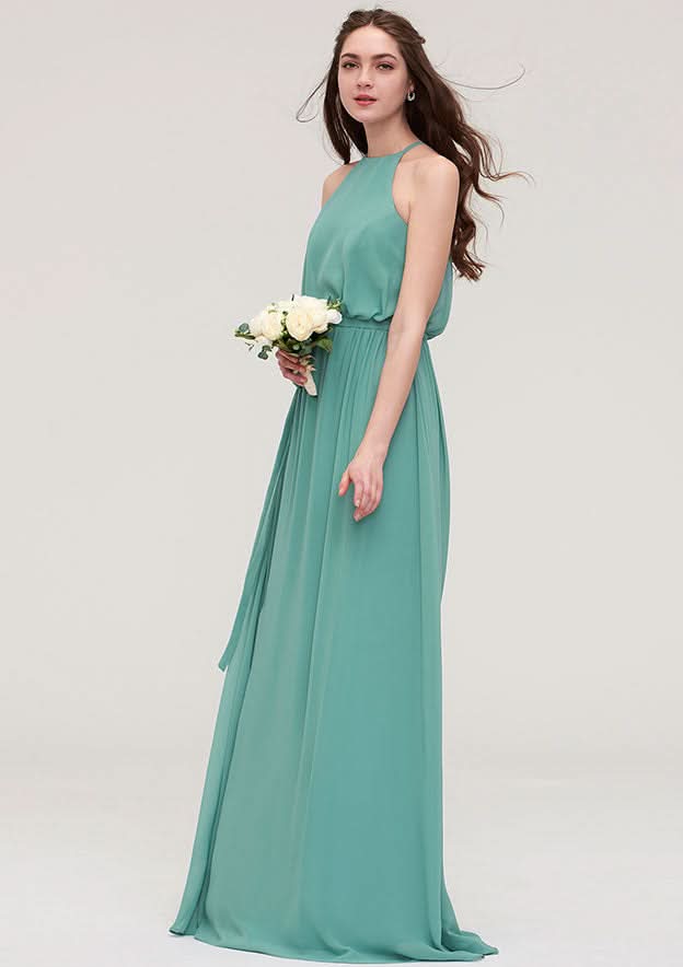 Floor-Length Chiffon Bridesmaid Dress, A-Line/Princess Style, V-Neck, Sleeveless, With Lace And Pleats BM bride