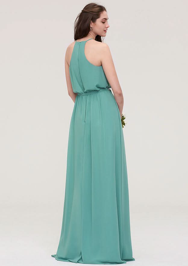 Floor-Length Chiffon Bridesmaid Dress, A-Line/Princess Style, V-Neck, Sleeveless, With Lace And Pleats BM bride