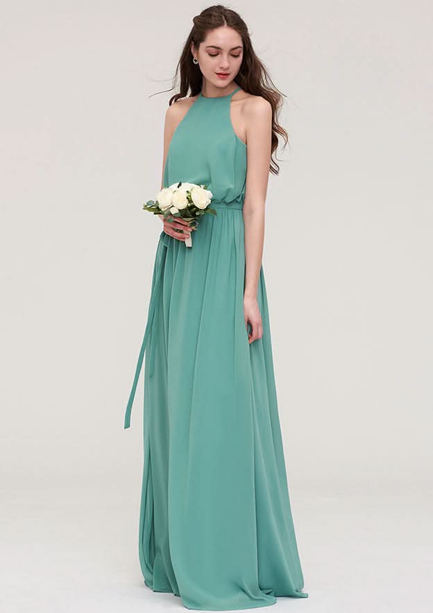Floor-Length Chiffon Bridesmaid Dress, A-Line/Princess Style, V-Neck, Sleeveless, With Lace And Pleats BM bride