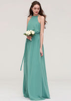 Floor-Length Chiffon Bridesmaid Dress, A-Line/Princess Style, V-Neck, Sleeveless, With Lace And Pleats BM bride