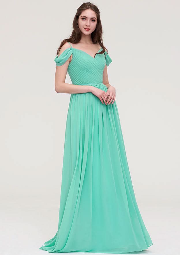 Floor-Length Chiffon Sexy Bridesmaid Dress, A-Line/Princess Cut, Sweetheart Neck, Sleeveless, With Pleats BM bride