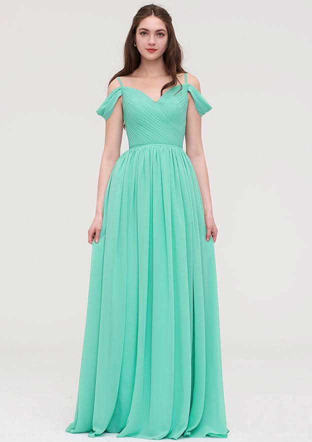 Floor-Length Chiffon Sexy Bridesmaid Dress, A-Line/Princess Cut, Sweetheart Neck, Sleeveless, With Pleats BM bride