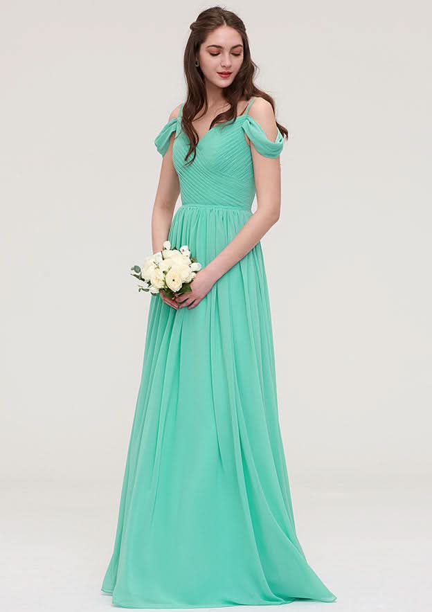 Floor-Length Chiffon Sexy Bridesmaid Dress, A-Line/Princess Cut, Sweetheart Neck, Sleeveless, With Pleats BM bride