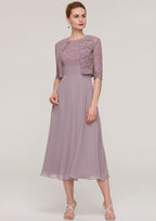 Tea-Length Chiffon Mother of the Bride Dress with Lace Jacket, Scoop Neck BM bride