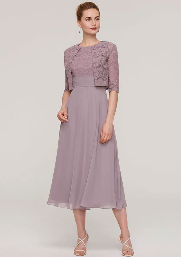 Tea-Length Chiffon Mother of the Bride Dress with Lace Jacket, Scoop Neck BM bride