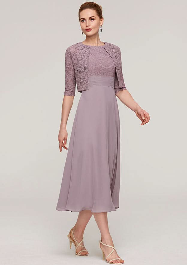 Tea-Length Chiffon Mother of the Bride Dress with Lace Jacket, Scoop Neck BM bride
