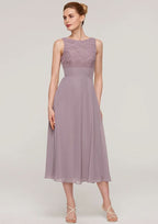 Tea-Length Chiffon Mother of the Bride Dress with Lace Jacket, Scoop Neck BM bride