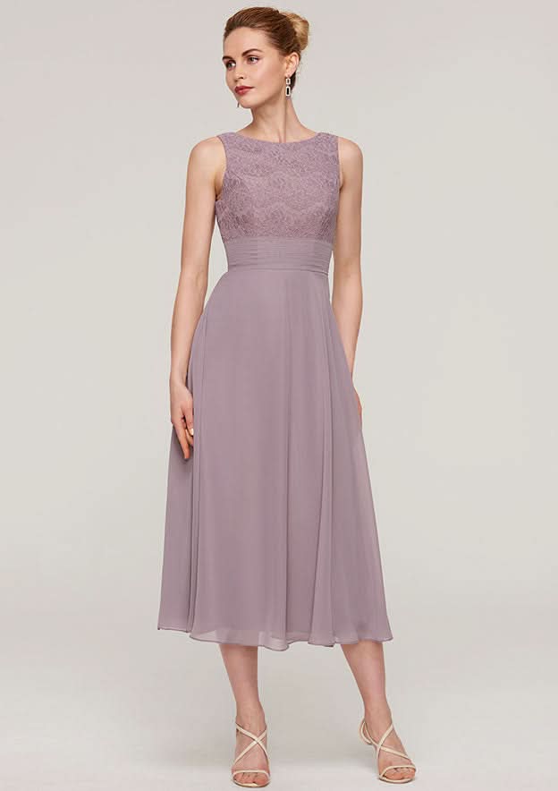 Tea-Length Chiffon Mother of the Bride Dress with Lace Jacket, Scoop Neck BM bride