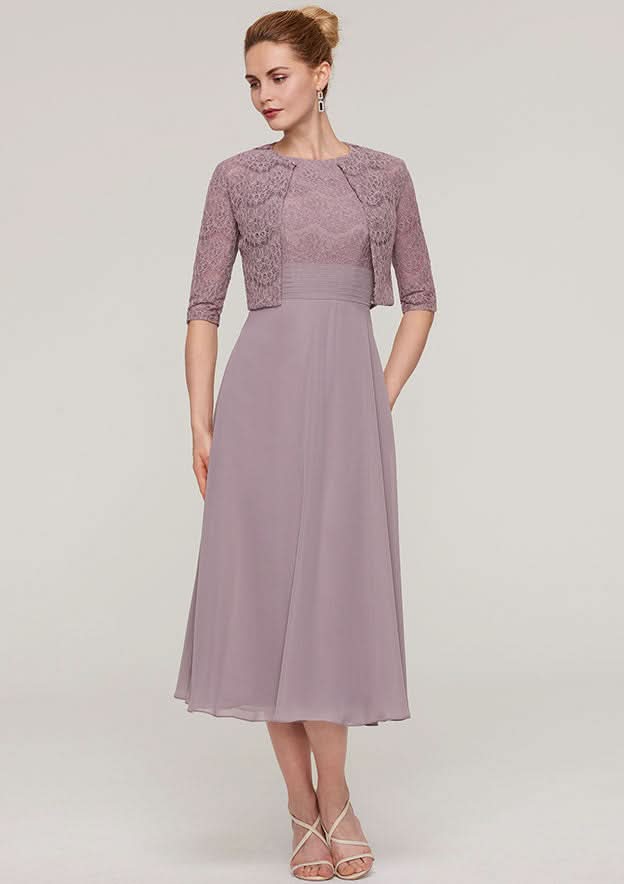 Tea-Length Chiffon Mother of the Bride Dress with Lace Jacket, Scoop Neck BM bride