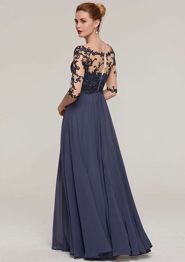 Long/Floor-Length Chiffon Mother of the Bride Dresses with Appliqued, Half Sleeve V Neck A-line BM bride
