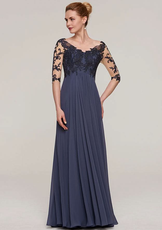 Long/Floor-Length Chiffon Mother of the Bride Dresses with Appliqued, Half Sleeve V Neck A-line BM bride