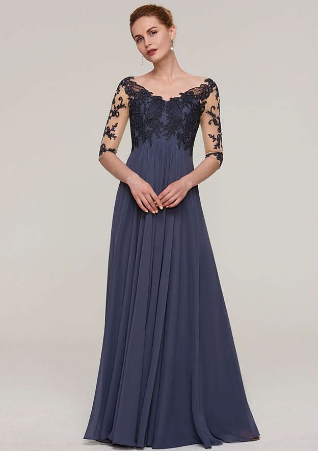 Long/Floor-Length Chiffon Mother of the Bride Dresses with Appliqued, Half Sleeve V Neck A-line BM bride