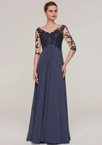 Long/Floor-Length Chiffon Mother of the Bride Dresses with Appliqued, Half Sleeve V Neck A-line BM bride