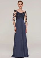 Long/Floor-Length Chiffon Mother of the Bride Dresses with Appliqued, Half Sleeve V Neck A-line BM bride