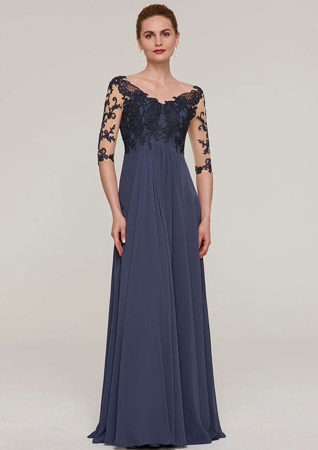 Long/Floor-Length Chiffon Mother of the Bride Dresses with Appliqued, Half Sleeve V Neck A-line BM bride