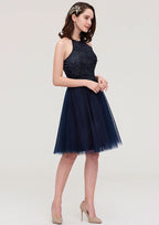 Knee-Length Tulle Bridesmaid Dress, A-Line/Princess Style, Halter Neck, Sleeveless, With Sequins, Applique, And Sashes BM bride