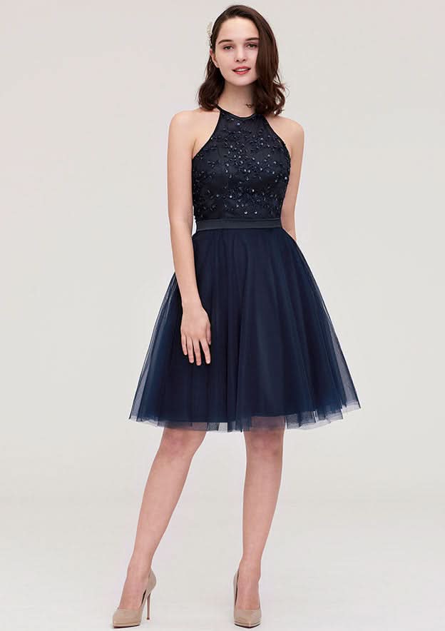 Knee-Length Tulle Bridesmaid Dress, A-Line/Princess Style, Halter Neck, Sleeveless, With Sequins, Applique, And Sashes BM bride