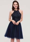 Knee-Length Tulle Bridesmaid Dress, A-Line/Princess Style, Halter Neck, Sleeveless, With Sequins, Applique, And Sashes BM bride