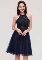 Stylish A-Line Halter Sleeveless Knee-Length Tulle Bridesmaid Dress With Sequins, Appliqued Details, And Sashes BM bride