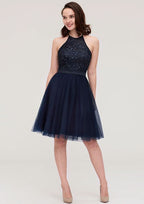 Knee-Length Tulle Bridesmaid Dress, A-Line/Princess Style, Halter Neck, Sleeveless, With Sequins, Applique, And Sashes BM bride