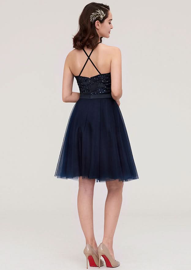 Knee-Length Tulle Bridesmaid Dress, A-Line/Princess Style, Halter Neck, Sleeveless, With Sequins, Applique, And Sashes BM bride