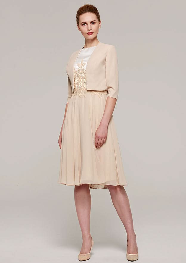 Knee-Length Chiffon Mother of the Bride Dress with Appliqued Jacket, Sleeveless Bateau A-line BM bride