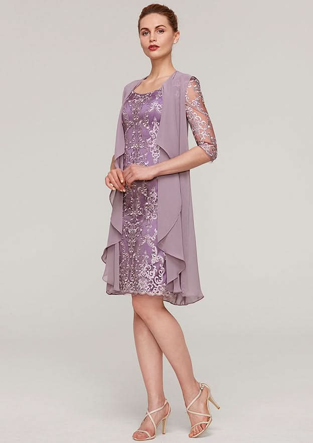Knee-Length Lace Mother of the Bride Dress with Jacket, Half Sleeve Bateau Sheath/Column BM bride