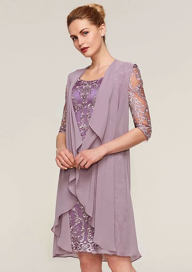 Knee-Length Lace Mother of the Bride Dress with Jacket, Half Sleeve Bateau Sheath/Column BM bride