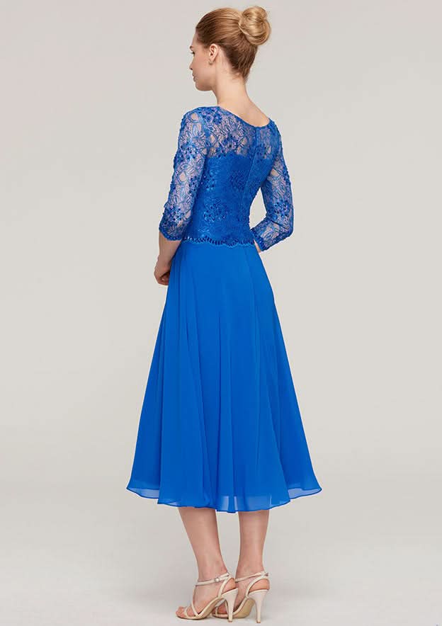 Tea-Length Chiffon Mother of the Bride Dress with Beading Lace, 3/4 Sleeve Bateau BM bride