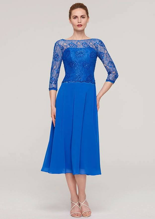 Tea-Length Chiffon Mother of the Bride Dress with Beading Lace, 3/4 Sleeve Bateau BM bride