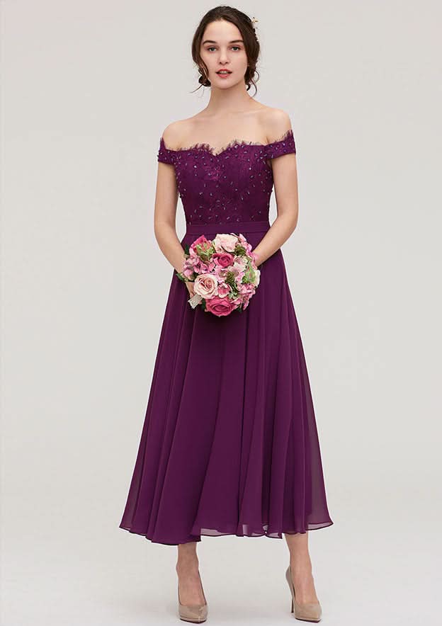 Tea-Length Chiffon Bridesmaid Dress, A-Line/Princess Style, Off-The-Shoulder, Sleeveless, With Lace And Beading BM bride
