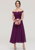 Tea-Length Chiffon Bridesmaid Dress, A-Line/Princess Style, Off-The-Shoulder, Sleeveless, With Lace And Beading BM bride