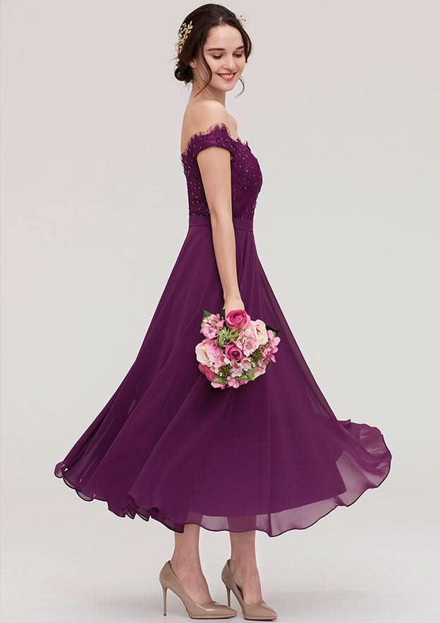 Tea-Length Chiffon Bridesmaid Dress, A-Line/Princess Style, Off-The-Shoulder, Sleeveless, With Lace And Beading BM bride