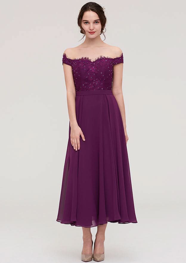 Tea-Length Chiffon Bridesmaid Dress, A-Line/Princess Style, Off-The-Shoulder, Sleeveless, With Lace And Beading BM bride