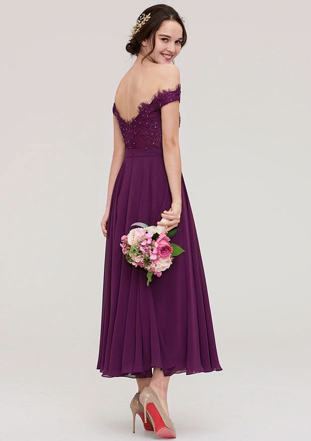 Tea-Length Chiffon Bridesmaid Dress, A-Line/Princess Style, Off-The-Shoulder, Sleeveless, With Lace And Beading BM bride