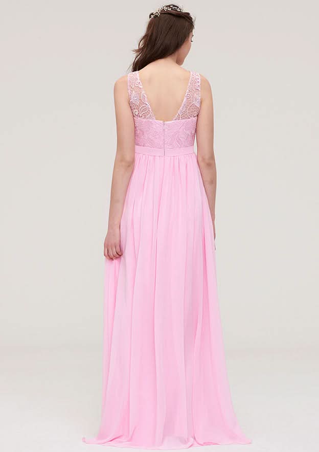 Floor-Length Chiffon Bridesmaid Dress, A-Line/Princess Cut, Sweetheart Neck, Sleeveless, With Pleats Ruffled BM bride