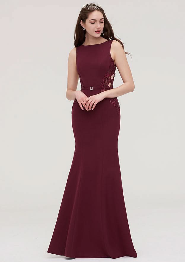 Floor-Length Elastic Satin Bridesmaid Dress In Sheath/Column Shape, Bateau Neck, Sleeveless, With Waistband, Lace, And Sequins BM bride