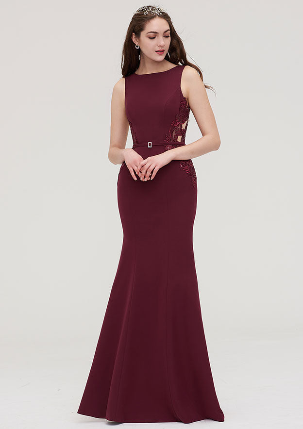 Floor-Length Elastic Satin Bridesmaid Dress In Sheath/Column Shape, Bateau Neck, Sleeveless, With Waistband, Lace, And Sequins BM bride