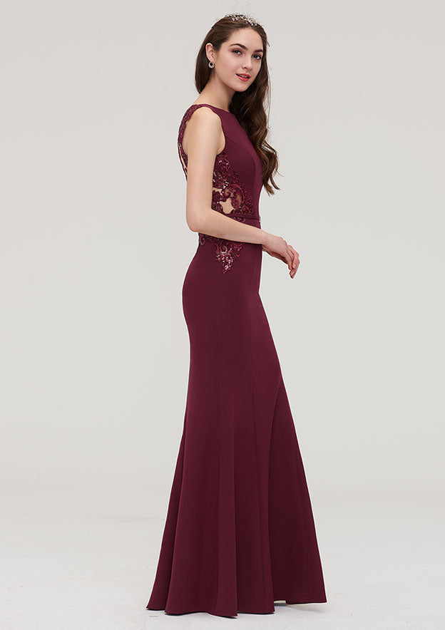 Floor-Length Elastic Satin Bridesmaid Dress In Sheath/Column Shape, Bateau Neck, Sleeveless, With Waistband, Lace, And Sequins BM bride